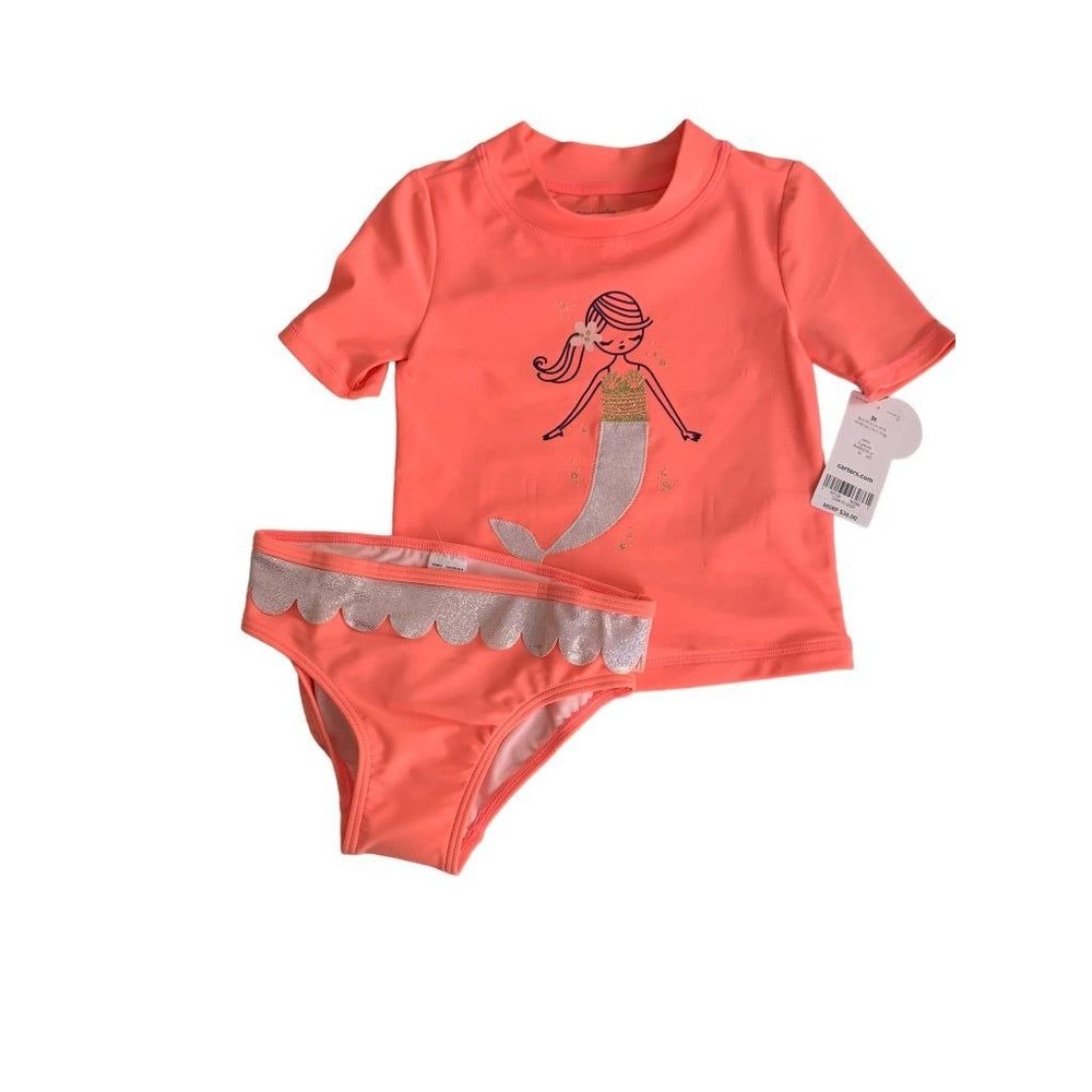 3T Carters New Girls 2 Piece Swimsuit Bright Coral‎ Mermaid Theme UPF50+